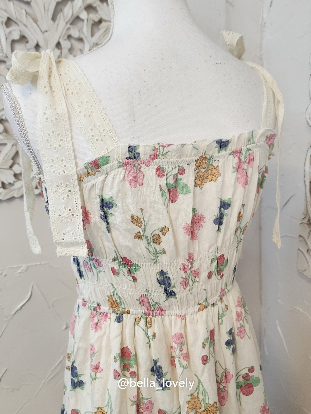 Adorable Spring Lace Strapped Ivory Floral Tie-Shoulder Sundress - Picture 8 of 9